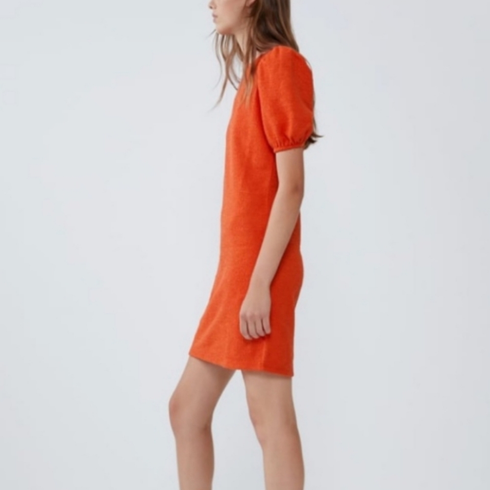 🌷ZARA • Orange Tweed-effect Short Puff Sleeve A-Line Shift Dress NWT - Picture 3 of 15